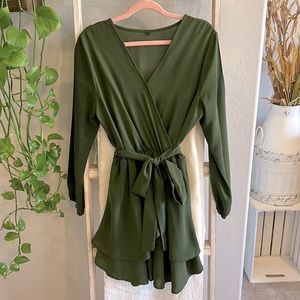 Army green long sleeve dress with tie waist